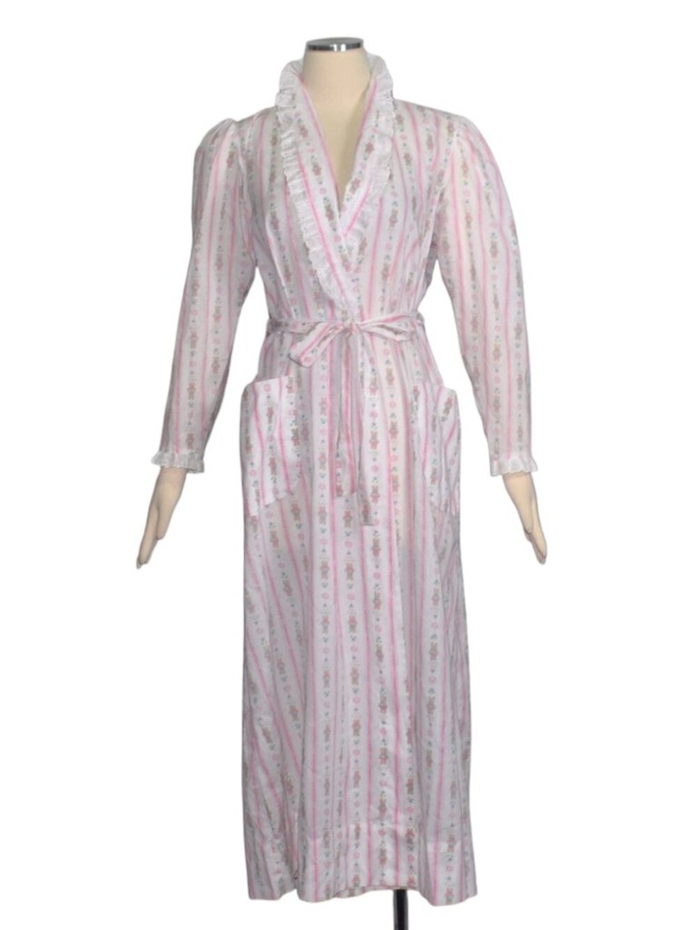 Vintage 80s Lanz Teddy Bear Robe Pink Floral Stripe Eyelet Trim Cottagecore S M